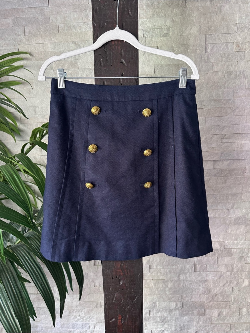 J. Crew Navy Blue Button Linen Blend Sailor Nautical A-Line Skirt Size 8